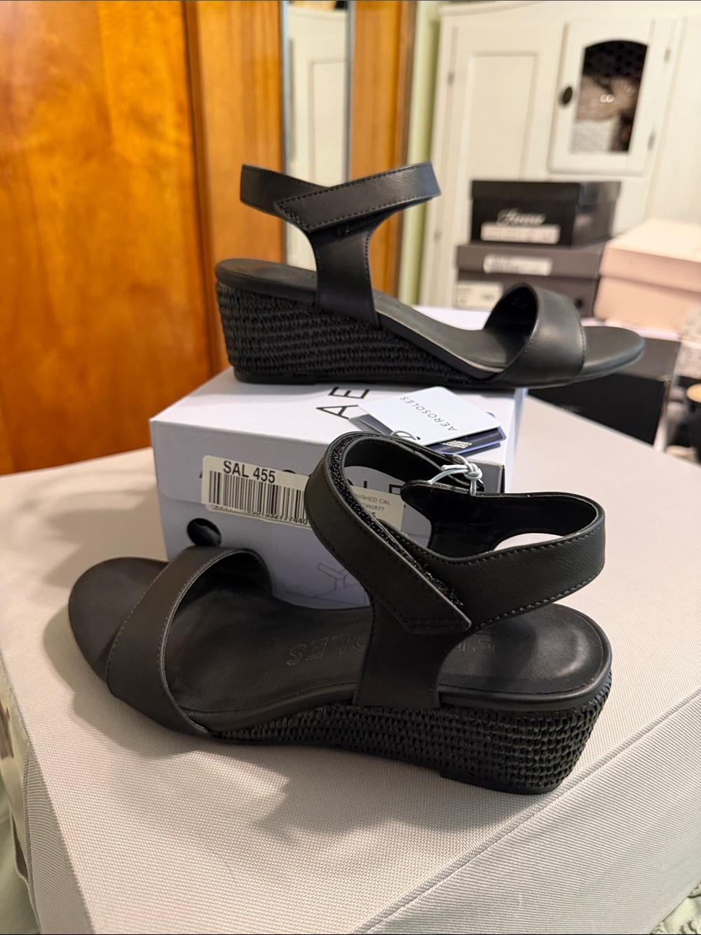 AEROSOLES Black Wedge Sandals with Ankle Strap